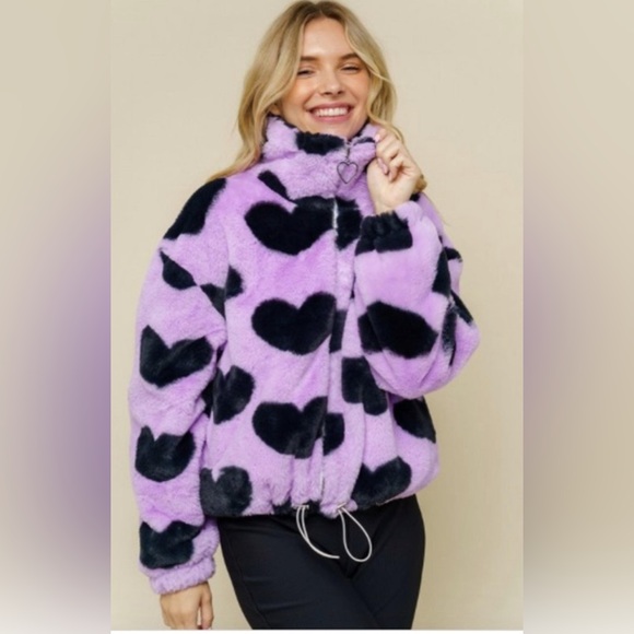 I Believe faux fur Heart Print Jacket 2X - Picture 1 of 2